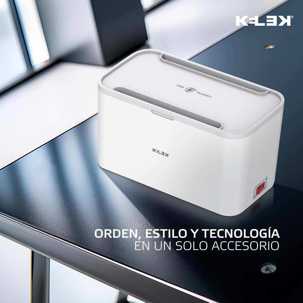 KELEK Multicontacto con 8 AC, USB-C, 2 USB-A, Cable 2m con Caja organizadora de Cables y Cargador Inalámbrico EXT-8-W1