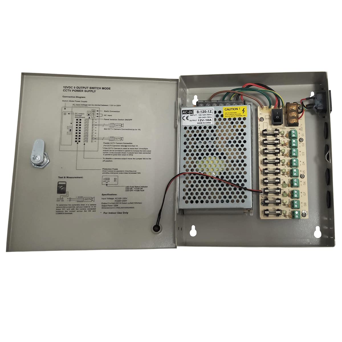 Yuarisx 9 Canal/Puerto DC 12 V 10 A cámara de Seguridad distribución de Fuente de alimentación con Caja de Metal para cámara de Seguridad, cámara IP CCTV DVR Sistema de vigilancia