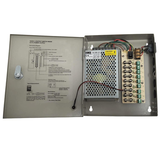 Yuarisx 9 Canal/Puerto DC 12 V 10 A cámara de Seguridad distribución de Fuente de alimentación con Caja de Metal para cámara de Seguridad, cámara IP CCTV DVR Sistema de vigilancia