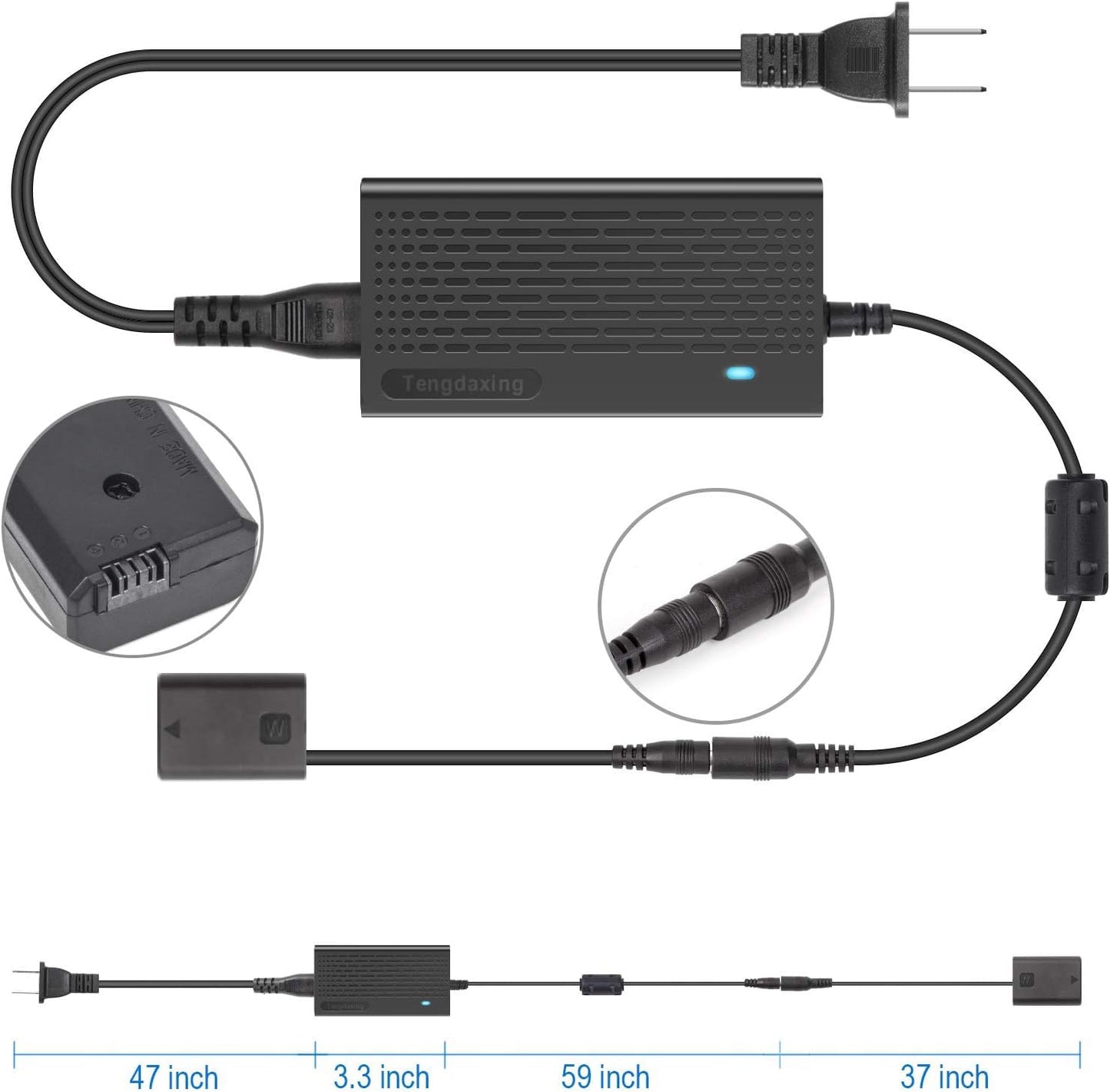 Tengdaxing AC-PW20 - Adaptador de corriente continua NP-FW50 - Batería simulada para Sony Alpha ZV-E10, A5000, A5100, A6000, A6100, A6300, A6400, A6500, A7, A7 II, A7R, A7R II, A7S, A7S, A7S XX100