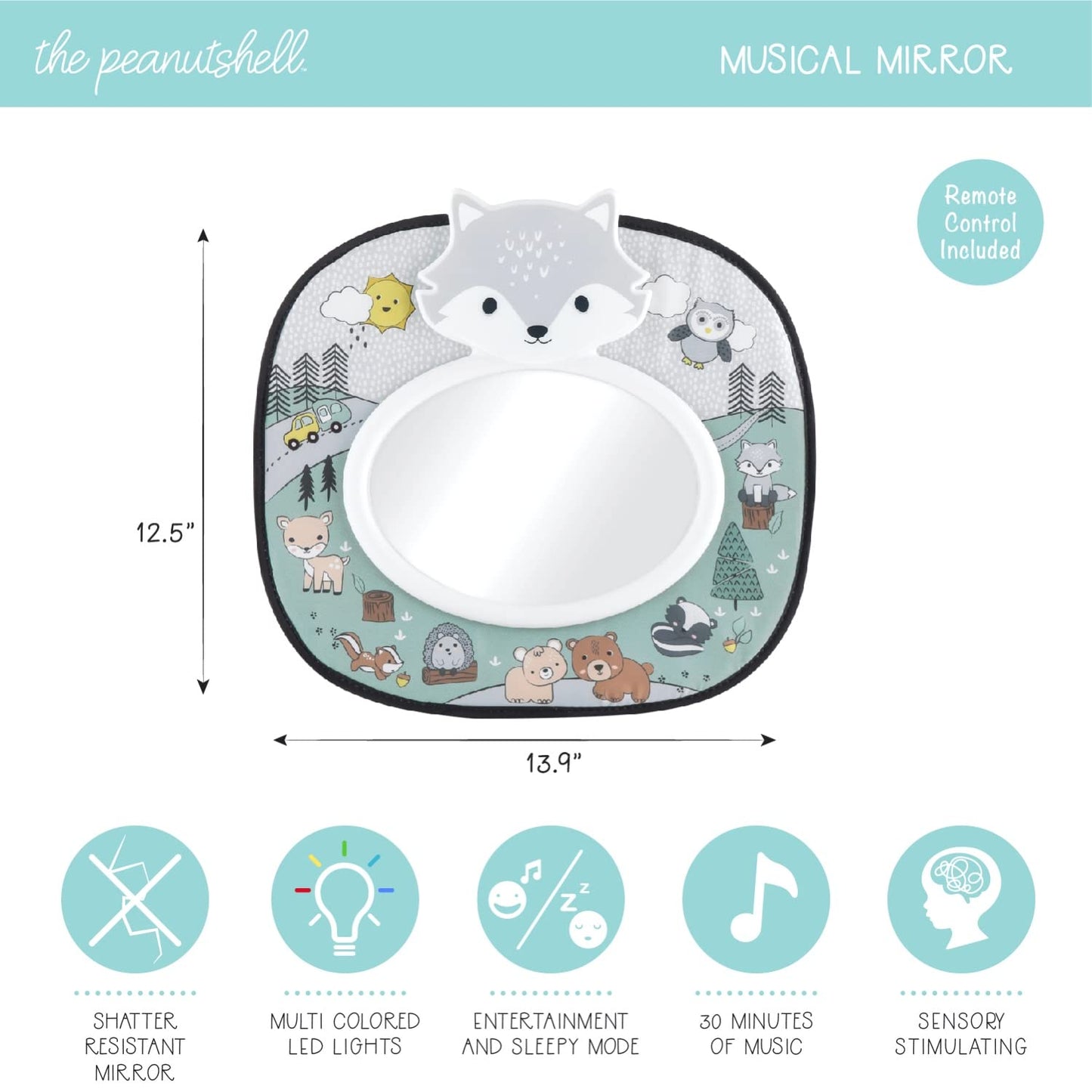 The Peanutshell Espejo musical para asiento de coche, animales del bosque