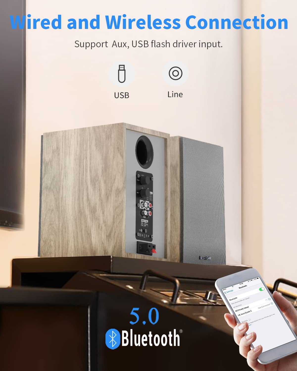 Altavoces Bluetooth BESTISAN Madera 50 W para Audio en el Hogar