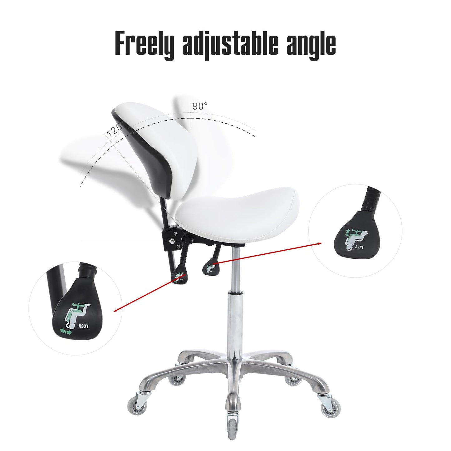 FRNIAMC - Taburete ergonómico con ruedas ajustable, hidráulico de alta resistencia (350 libras) para salón de laboratorio dental, estudio de masaje, oficina (blanco, con respaldo)