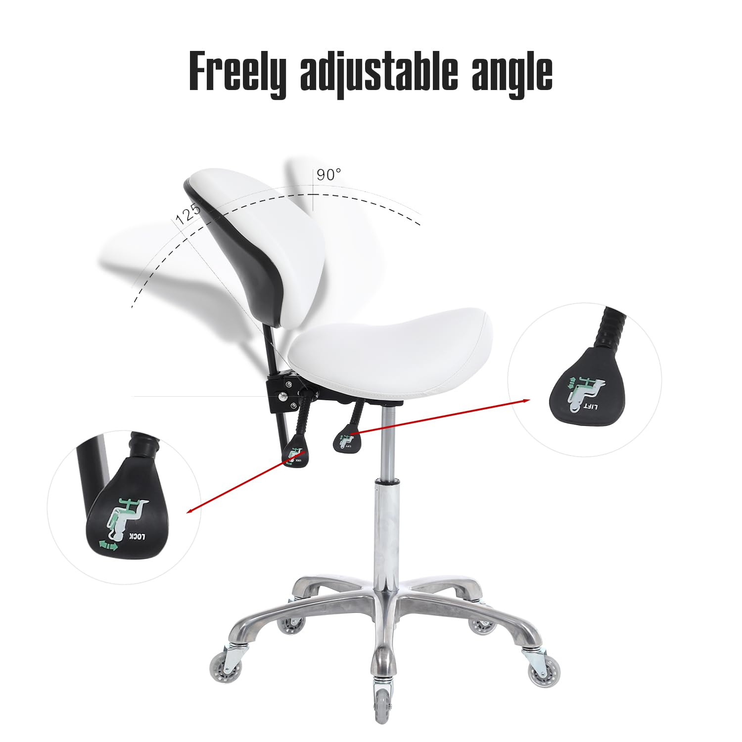 FRNIAMC - Taburete ergonómico con ruedas ajustable, hidráulico de alta resistencia (350 libras) para salón de laboratorio dental, estudio de masaje, oficina (blanco, con respaldo)