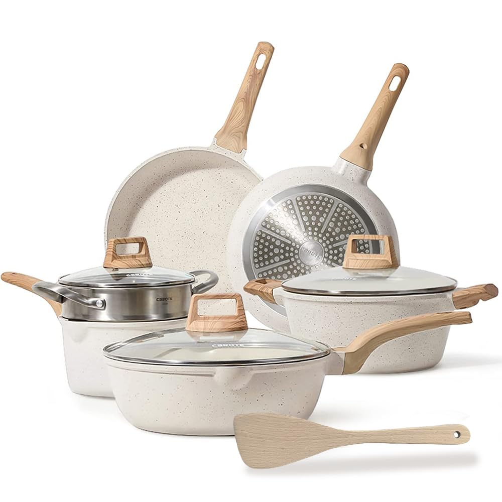 Feiniao Juego de Ollas y Sartenes Antiadherentes, Juego de Sartenes Antiadherente con Tapa, Bateria de Cocina de Inducción Apto para Lavavajillas, Juegos de Utensilios de Cocina sin PFOS PFOA 7 Piezas