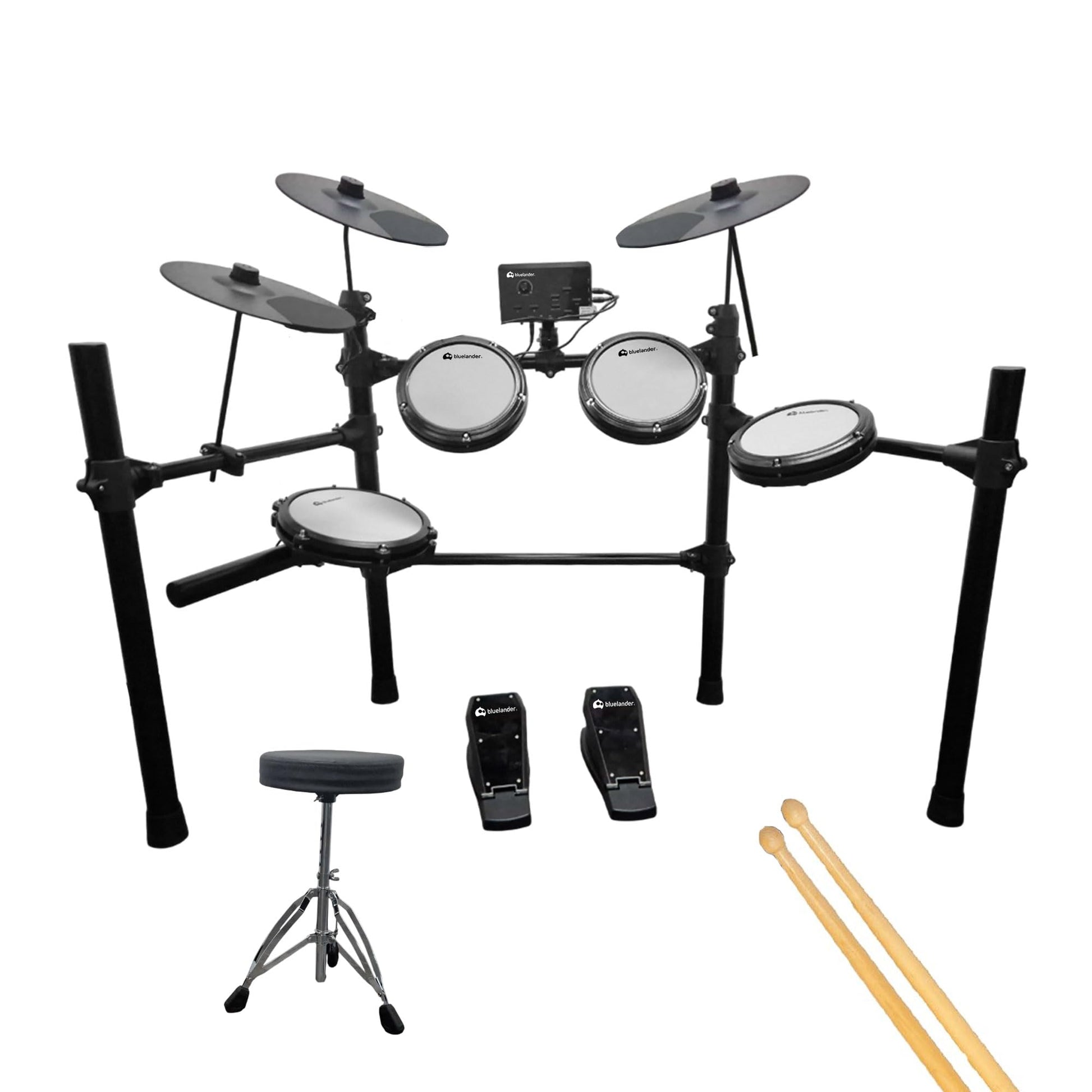 Bluelander Batería Musical 93*120 cm, Bateria Electrica 13 Pzas, 3 Platillos, 3 Tom, 2 Pedales, Tarola, Módulo de Sonido, Par de Baquetas y Banco, Batería Electrónica, Ideal para Niños y Principiantes