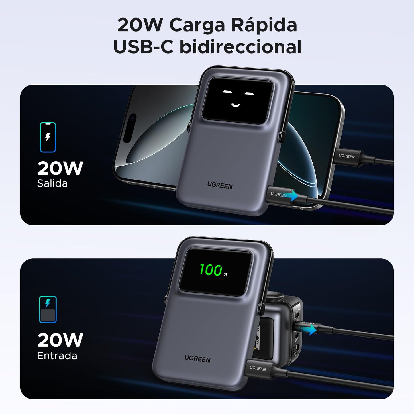 Power Bank UGREEN Negro 5000mAh Magnética Inalámbrica para iPhone 15/14/13/12 Series