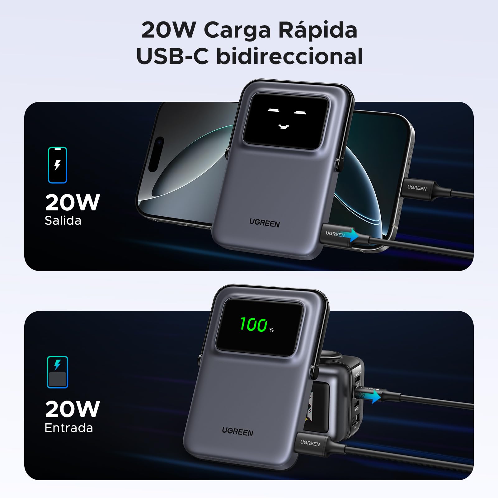 Power Bank UGREEN Negro 5000mAh Magnética Inalámbrica para iPhone 15/14/13/12 Series