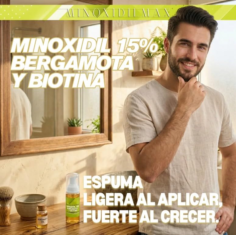Tratamiento Cosmético en Espuma Minoxidilmax Bergamota con Minoxidil 15% y Biotina para el Crecimiento de Cabello y Barba