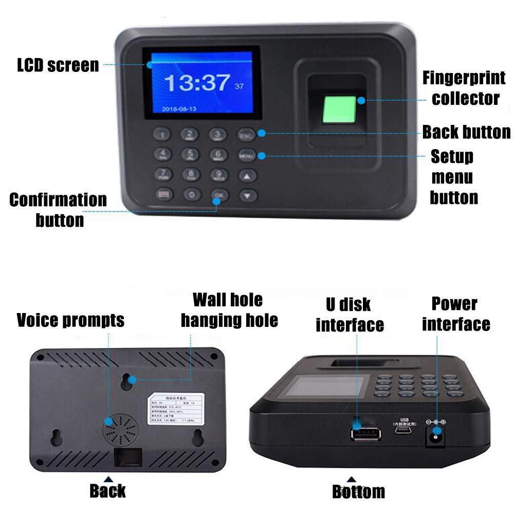 AVEDISTANTE Máquina Fichar, Máquina de Asistencia Biométrica de Huella Dactilar con Sistema Española Pantalla LCD Memoria Flash de 8GB, Relojes para Fichar con Capacidad de 1000 Huellas Dactilares