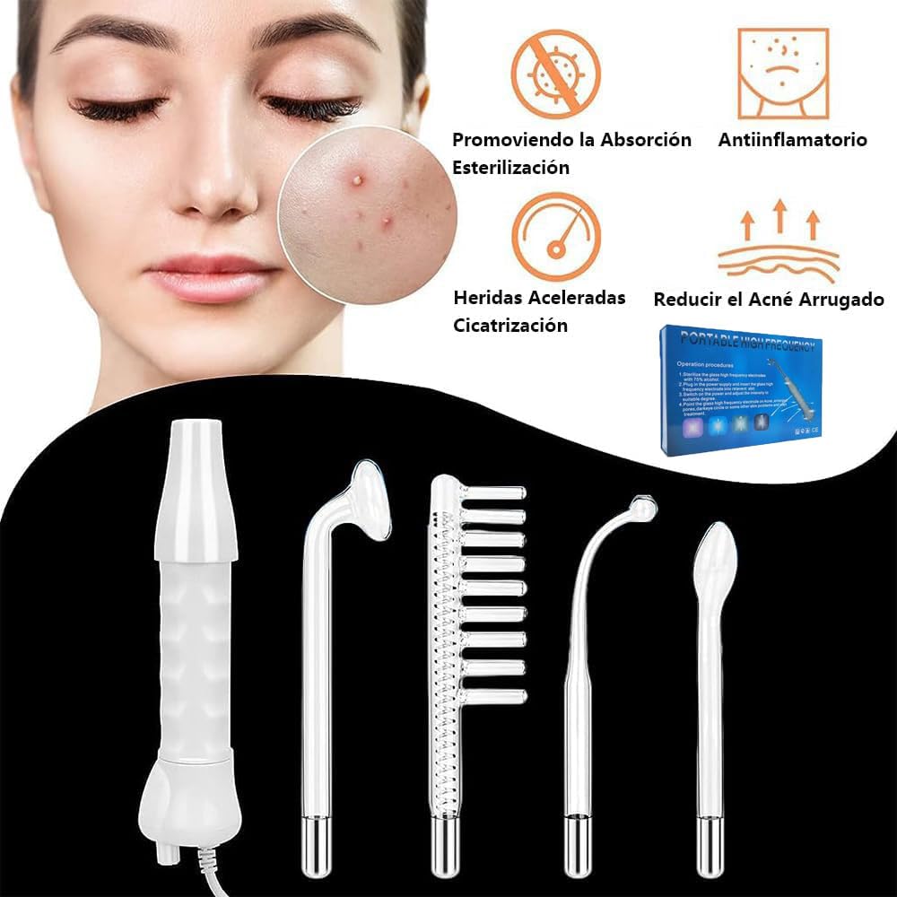 Radiofrecuencia Facial Alta Frecuencia Portable con Electrodos y Herramientas para Eliminar Acné