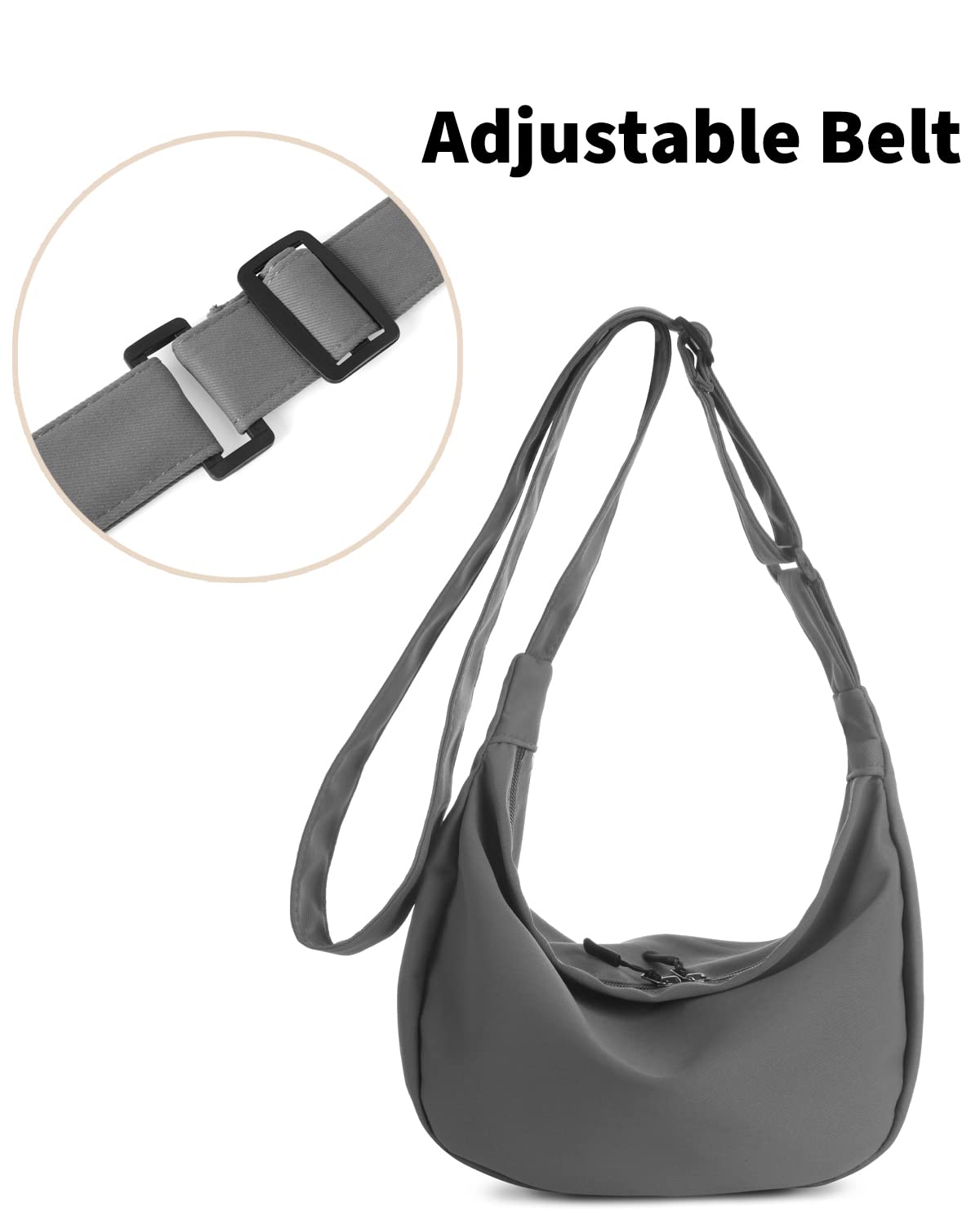 Bolso bandolera pequeño para mujeres y hombres, a la moda, mini bolsa de media luna con correa ajustable, 2 cremalleras bolsa de nailon ligero, Gris, Pequeño, Causal