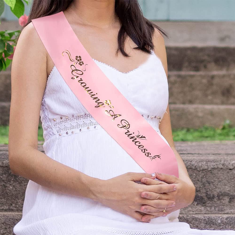 Decoración de baby shower para niñas, tiara de corona de flores ajustable y faja de princesa Growing A Growing A Princess, pin de papá, regalo de fiesta rosa para futuras mamás, papás y padres