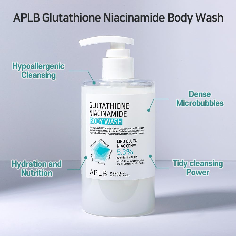 APLB Glutathione Niacinamide Body Wash | LIPO GLUTA NIAC CEN™ 5.3% 10.14 FL.OZ / Korean Skincare, Gentle ingredients for the safety of your skin, Long lasting nourishment and deep moisture for soft skin
