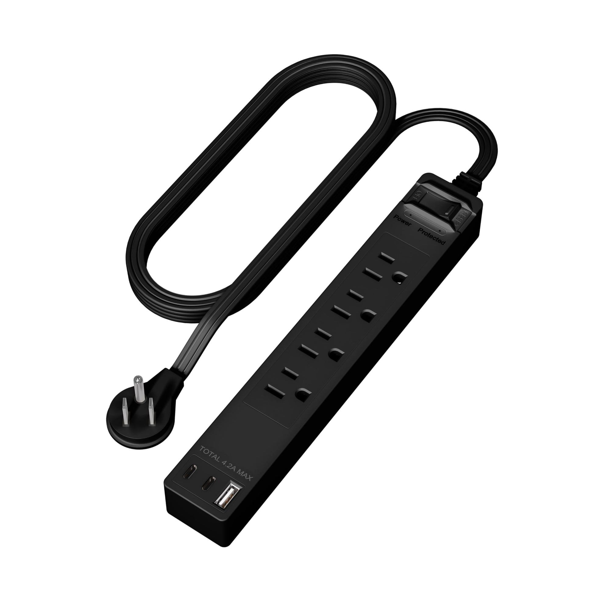 LIDER Extensor de toma con 4 receptáculos, USB-A y 2 USB-C, enchufe plano ultrafino con extensor de cable, tira de alimentación de 4 tomas, ángulo de 45 grados, protección contra sobretensiones 1500