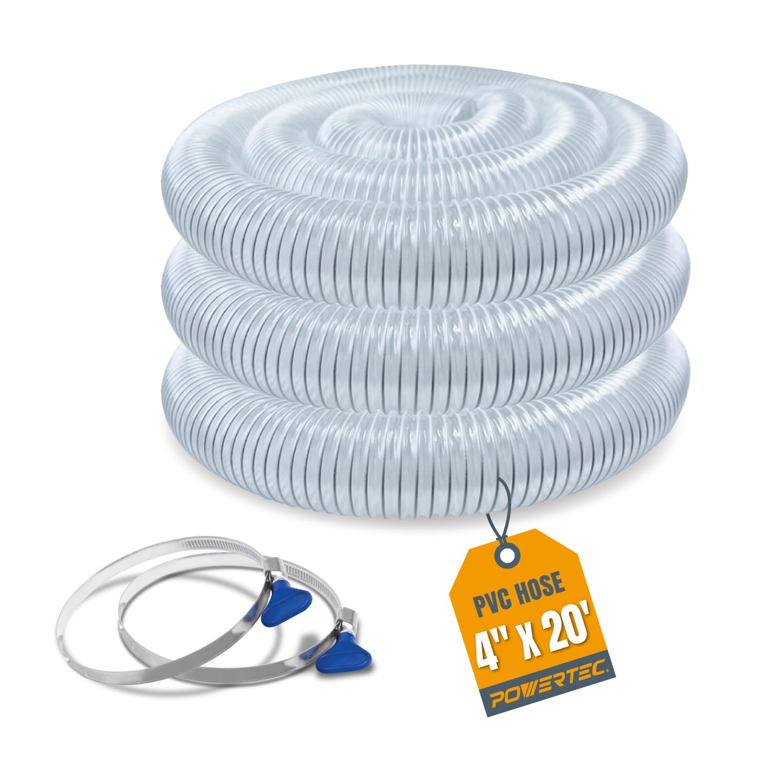 Manguera de Recogida de Polvo Powertec Transparente Flexible de PVC 4 Pulgadas x 20 Pies con Abrazaderas