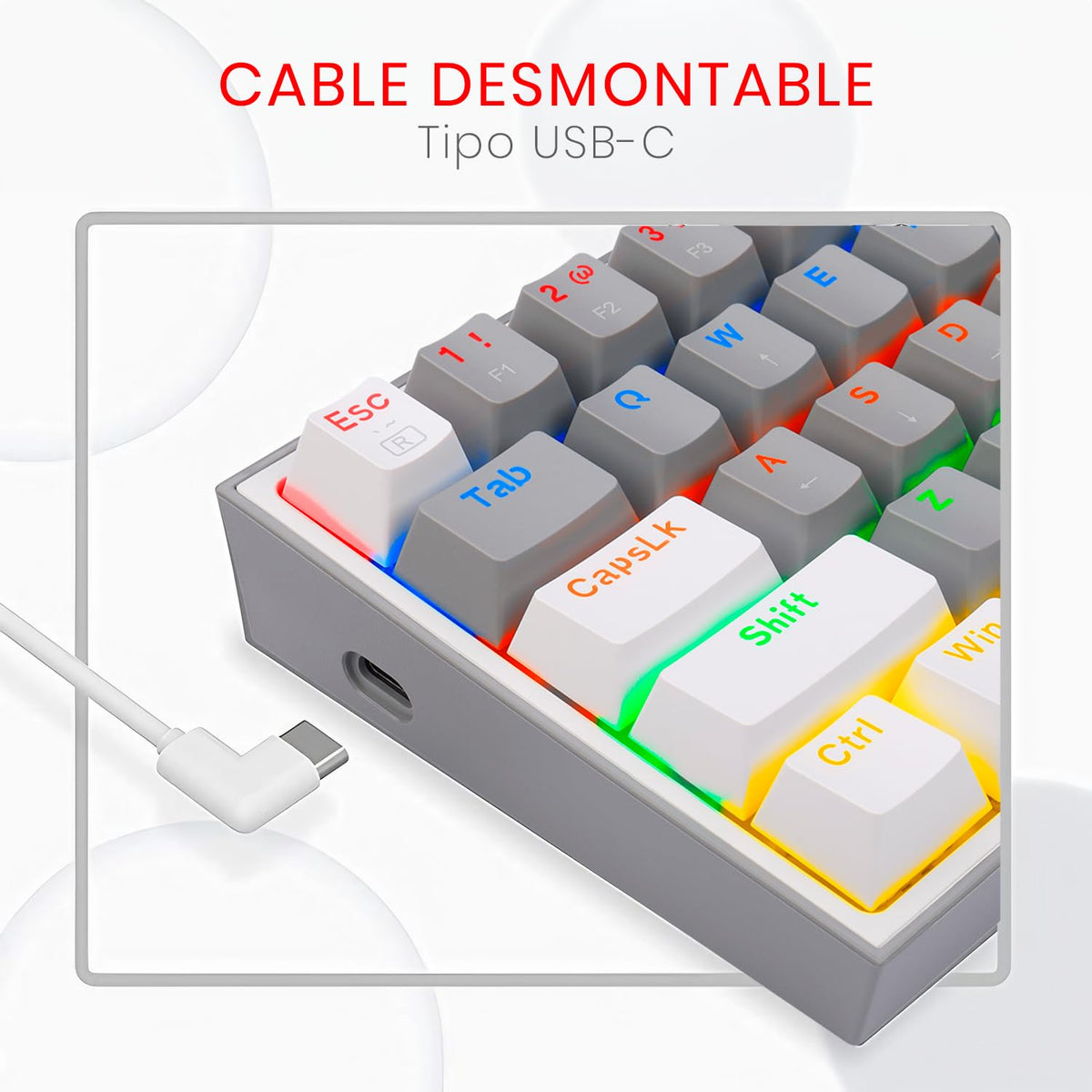 Teclado Mecánico Redragon Gamer Rainbow Gris Blanco con Switches Blue para Pc