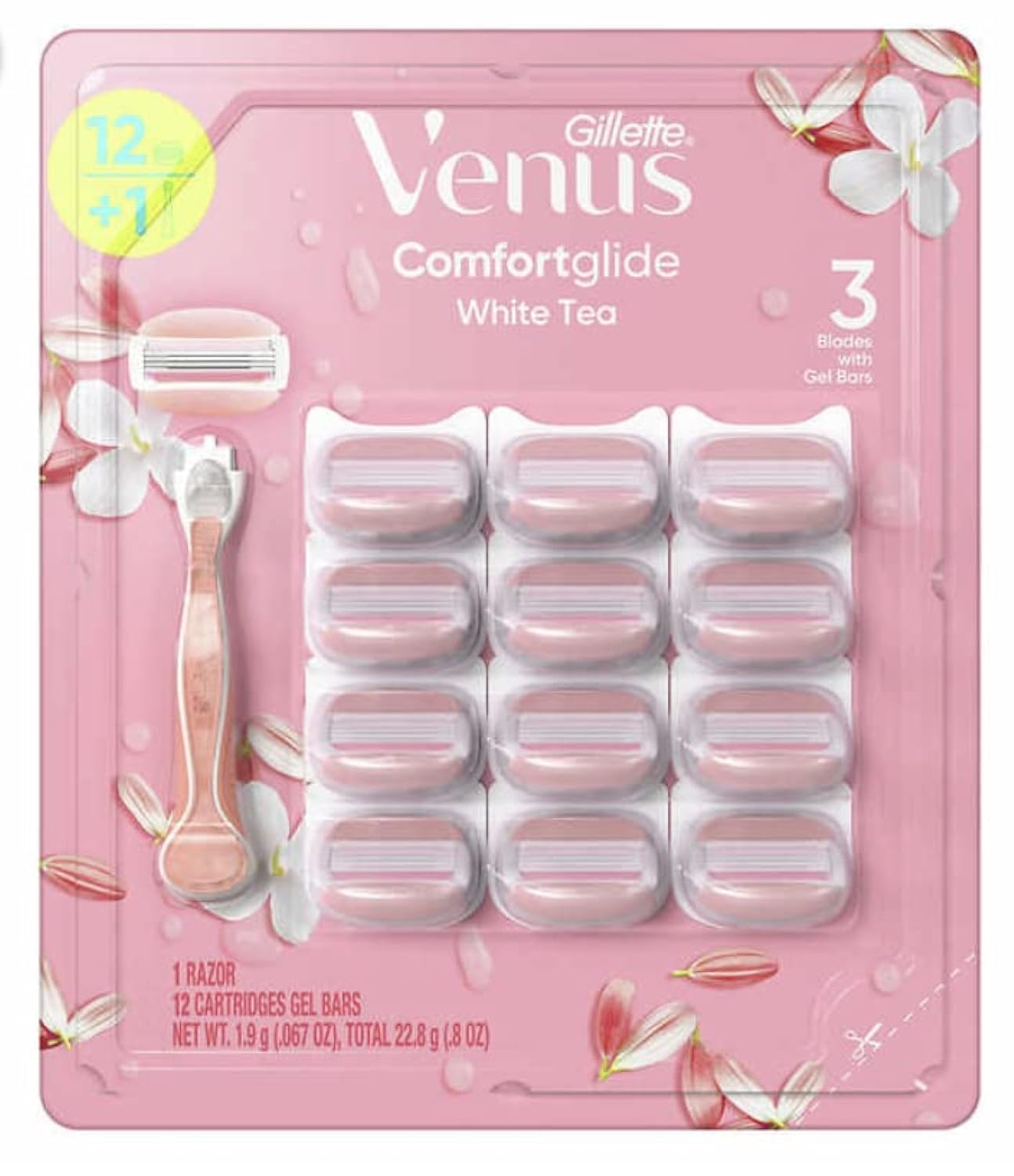 Venus Gillette 3 Razor Blade ComfortGlide Té blanco con 12 cartuchos de gel