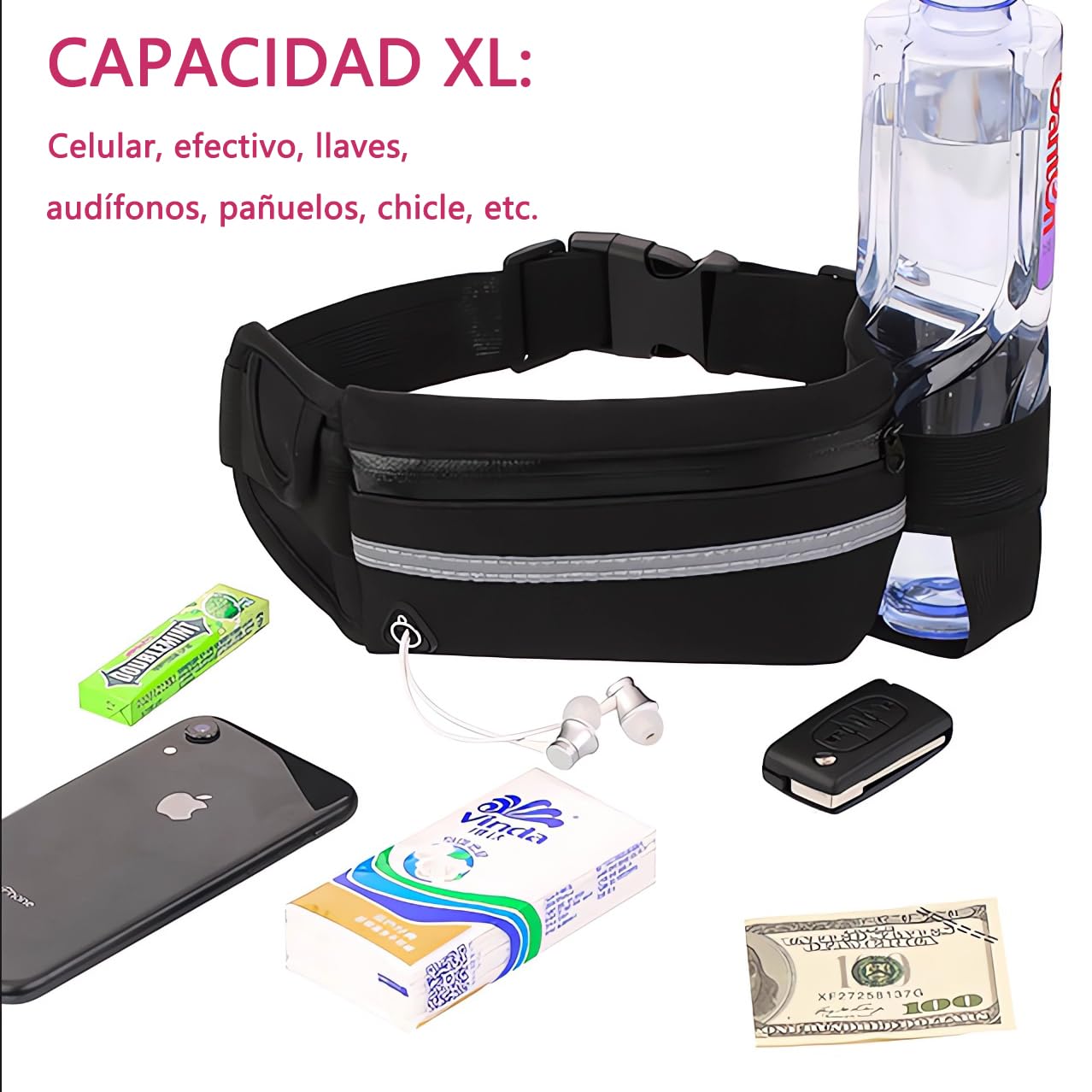 Cangurera para Correr 2 Piezas - Impermeable, Ajustable con Bandas Reflectantes - Bolsa Deportiva Unisex para Running/Hiking (Negro + Rosa)