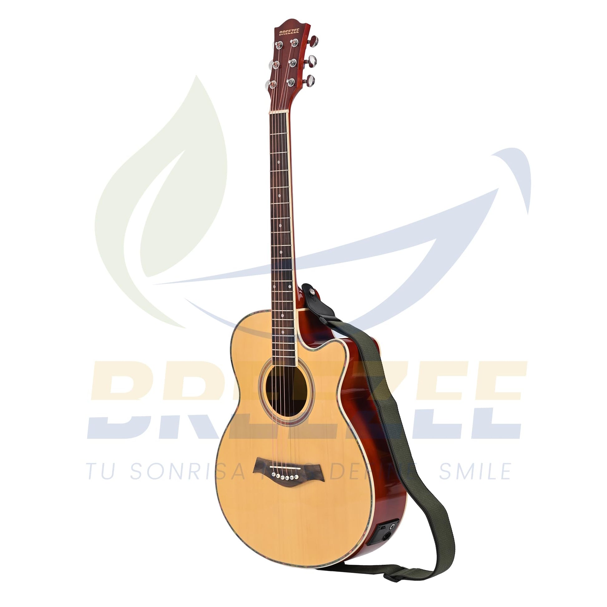 BREEZEE Guitarra Electroacústica de 40” Diseñada sobre Abeto, Merbau, Okume y Palisandro. Acabado de Barniz en Pulverización, Incluye Set de Accesorios Completo para Principiante