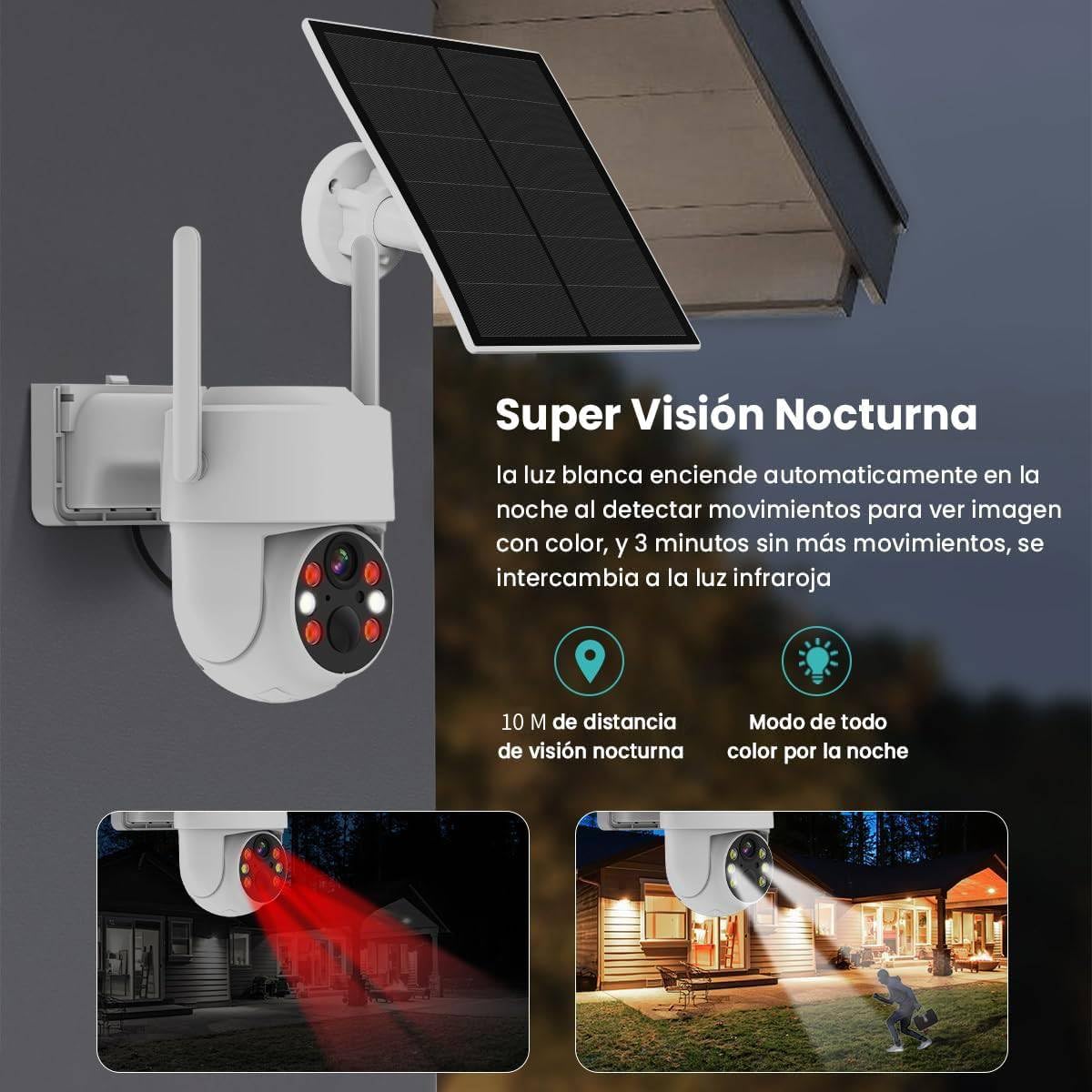 Cámara de Seguridad Exterior EASYTAO Q25 Blanca WiFi con Panel Solar IP66 2.5K Visión Nocturna Compatible con Alexa