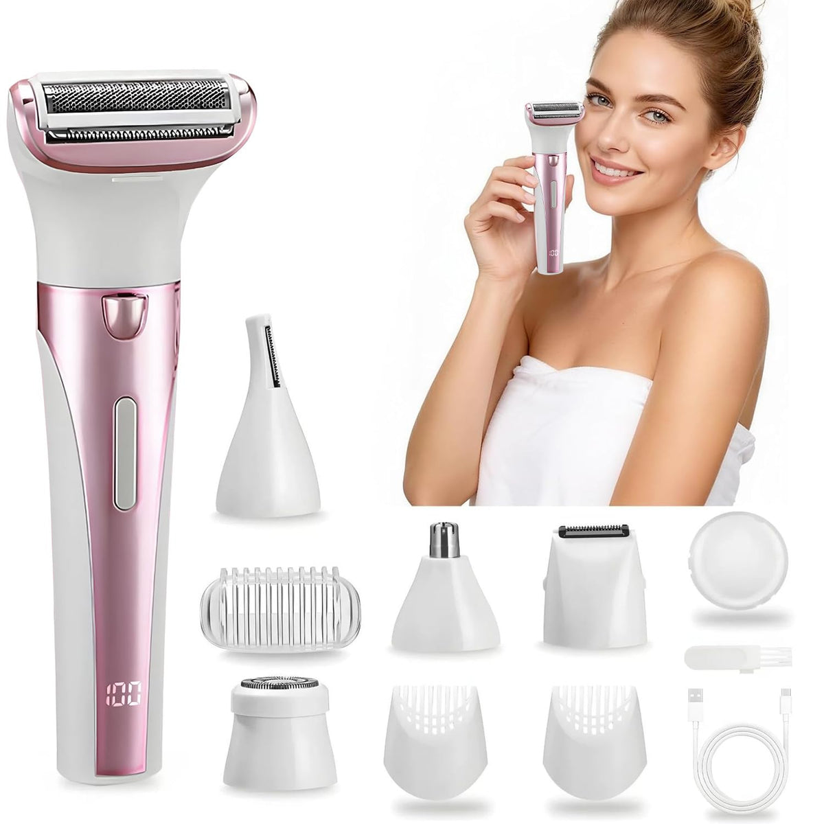 Rasuradora Eléctrica para Mujer 5 en 1, Rasuradora Recargable USB Pantalla Digital y Luz, Impermeable Húmedo Seco, Cabezales Intercambiables, Sin Dolor Sin Irritación para Bikini Axilas Piernas