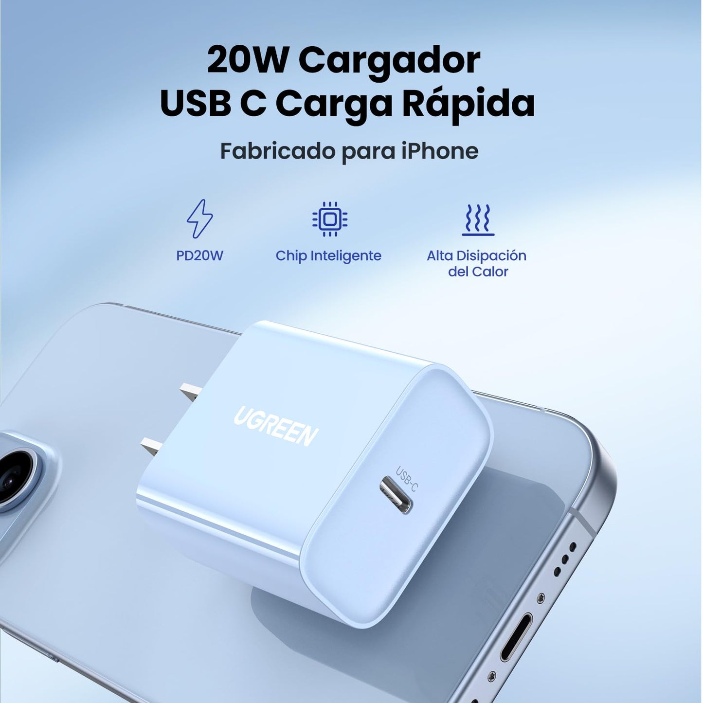 Cargador USB Tipo C UGREEN 20W Azul con Carga Rápida para iPhone y Galaxy