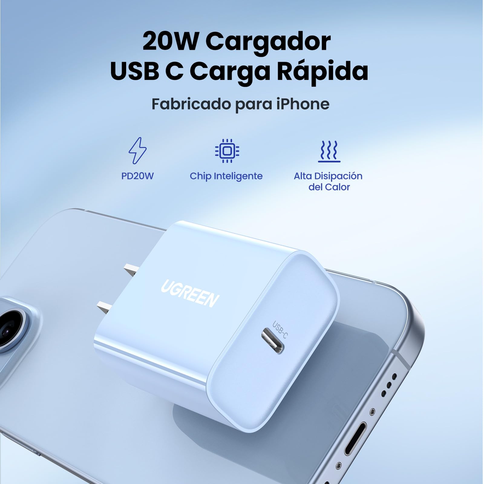 Cargador USB Tipo C UGREEN 20W Azul con Carga Rápida para iPhone y Galaxy