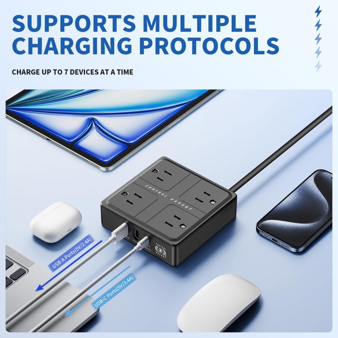 CONTROL EXPERT Multicontacto extensión USB, Conector Multiple con 4 Salidas, 1 Puerto USB, 2 Tipo C, Conector Multiple Adaptador, Extension Electrica con Protector de Sobretensión (Negro)