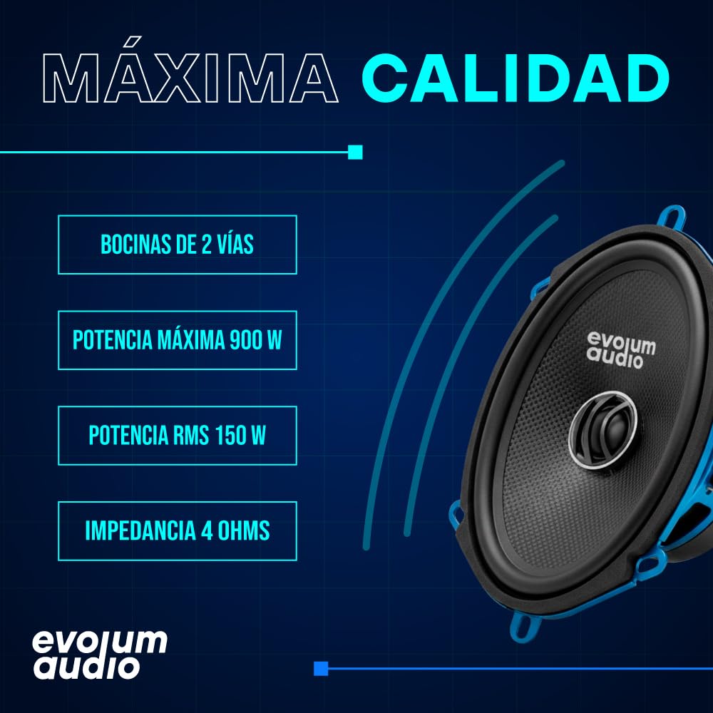 Evolum Audio - Kit Bocinas 2 Vías - Sonido Claro y Potente - Potencia RMS de 150 W - Gran Volumen y Claridad sin Distorsión - Fácil Instalación & Amplia Compatibilidad - Modelo Coaxial (5x7 in)