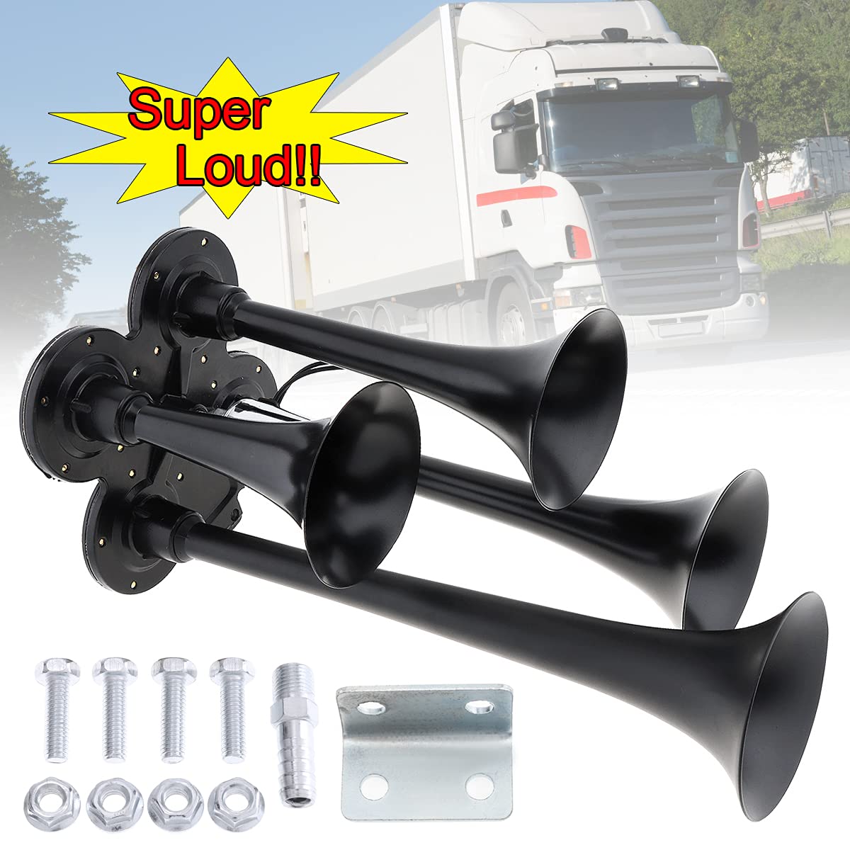 DriSentri 4 trompetas de aire bocina de tren de 12 V 178 dB súper fuerte negro cuatro trompetas bocina de aire para coches, camiones, barcos, SUV, motocicletas, vehículos
