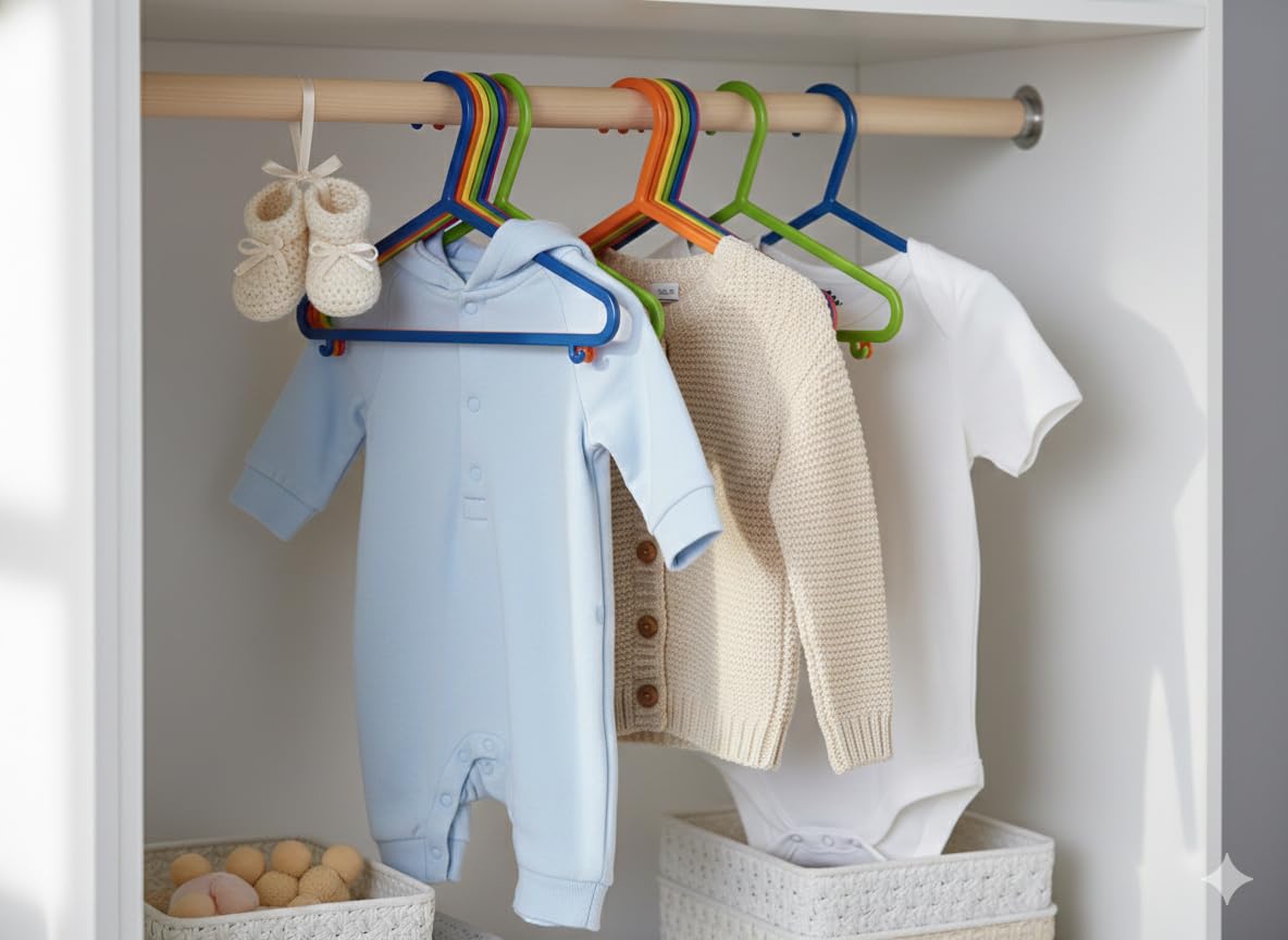 Paquete de 10 perchas de plástico duraderas sin BPA para ropa de bebés y niños pequeños, diseño delgado que ahorra espacio, multicolor (rosa fuerte, verde, azul, naranja, amarillo)
