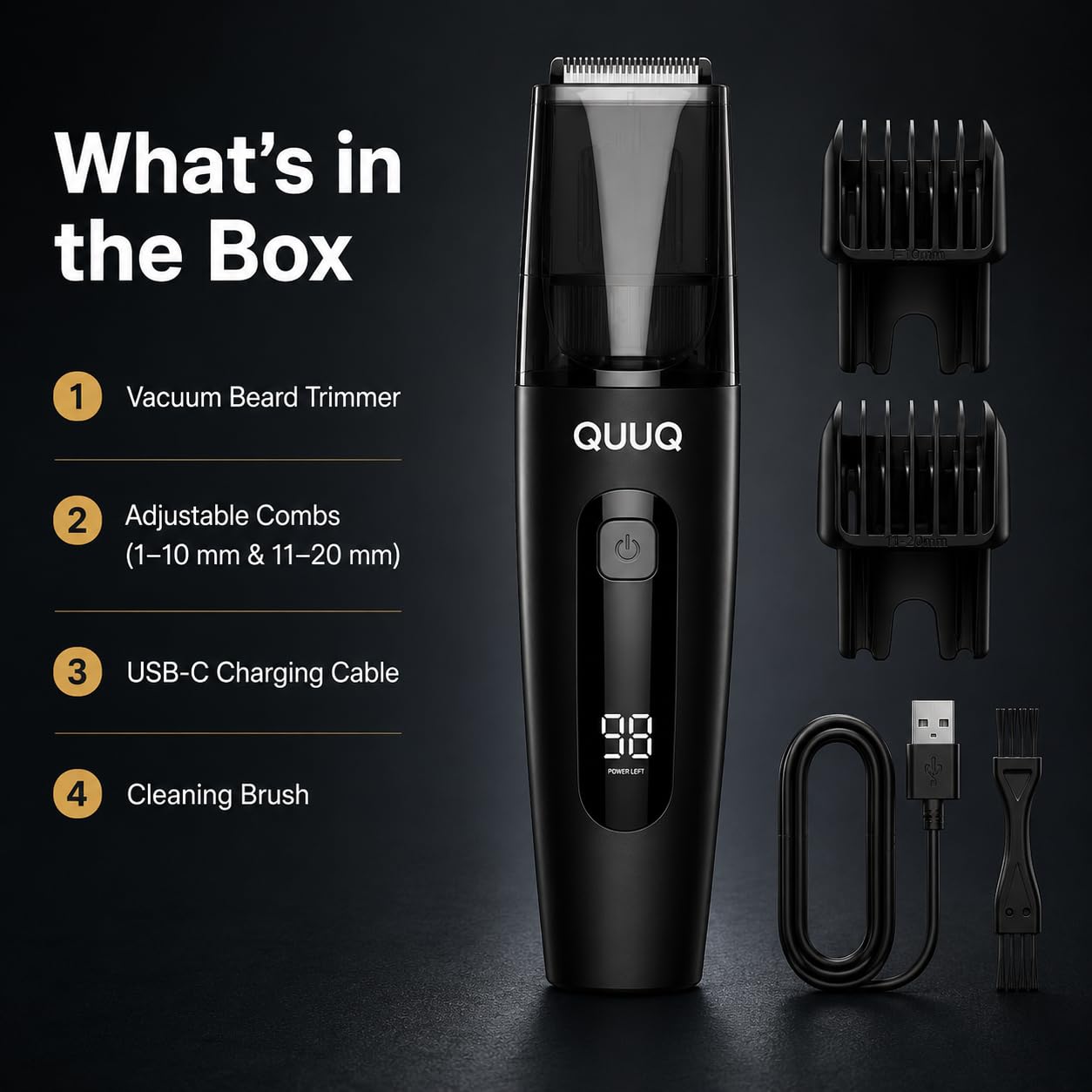 QUUQ Recortadora de barba al vacío para hombre: recortadora de bigote con peine ajustable, inalámbrica, con dial de precisión, silenciosa y resistente al agua.