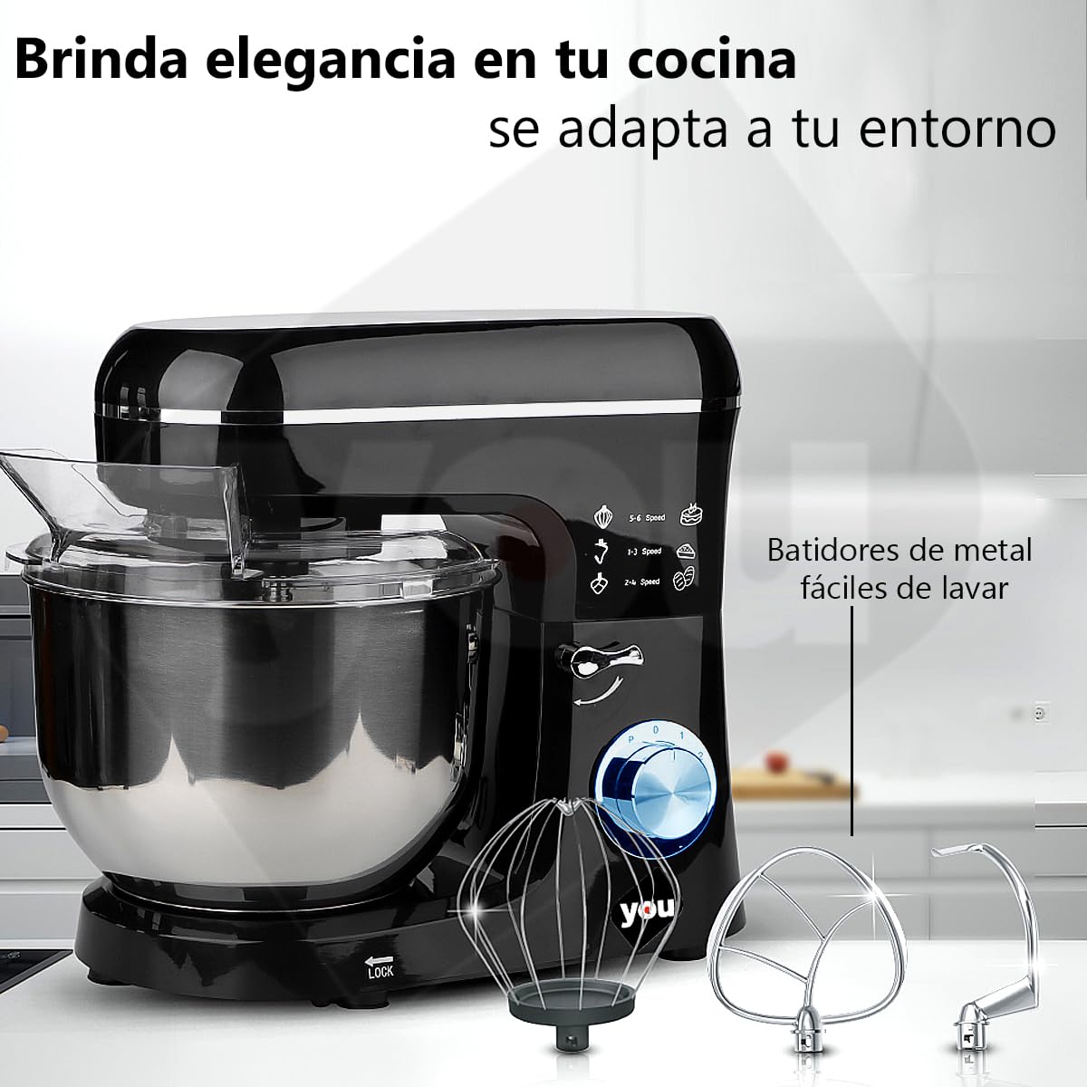 Batidora de Pedestal Profesional Planetaria Uso Rudo 6 Velocidades de 1100 Watts Tazón de 5.8 Litros, Cabeza Inclinable con Accesorios Repostería y Panadería en el Hogar