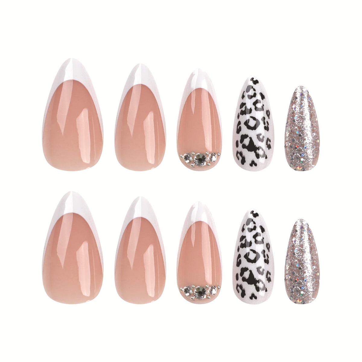CLYHLTMZ Uñas francesas con estampado de leopardo, almendra, color blanco, con taladro, uñas postizas de longitud media, color piel, con diseños, cobertura completa, con purpurina, uñas acrílicas adhe