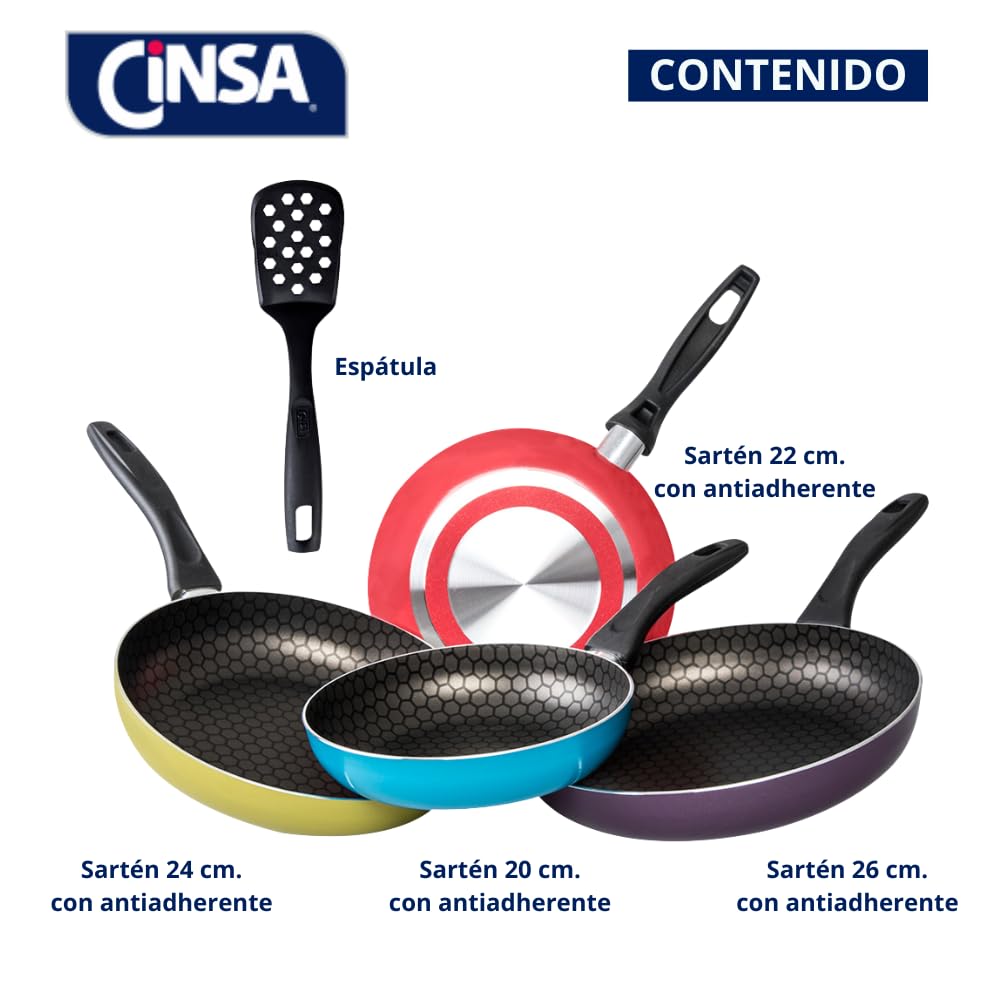 Cinsa Juego de Sartenes Circus 4 piezas, Aluminio con antiadherente thermocell, Multicolor (Sarten 20, 22, 24, 26 cm)