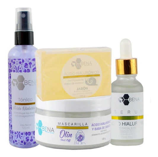 Kit Rostro Perfecto Bena Serum Tonico y Mascarilla de Acido Hialuronico mas Jabon Baba De Caracol