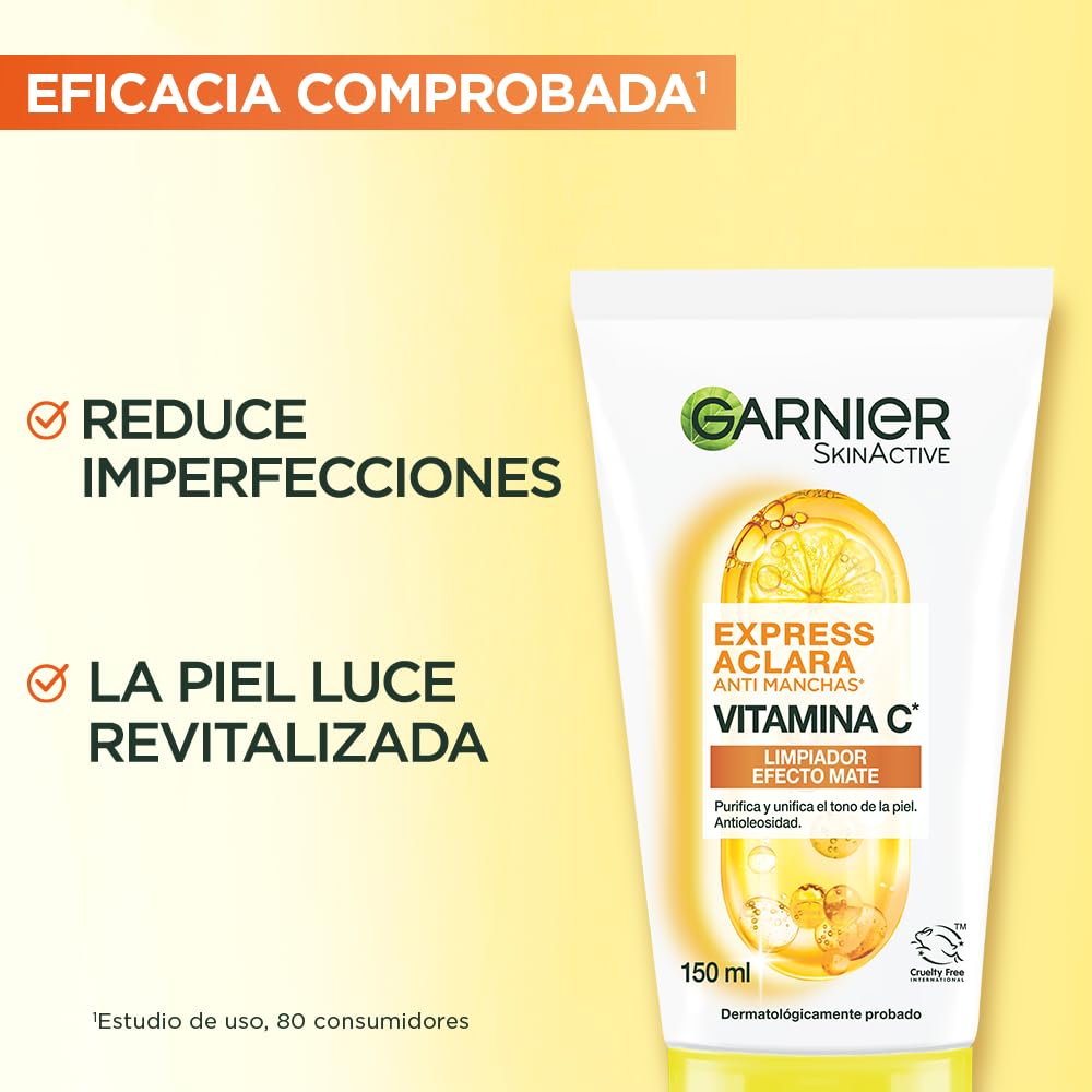 Garnier Gel Limpiador Facial Tono Uniforme con Vitamina C Express Aclara 150ml, 170 grams, 150 mililitro, 1