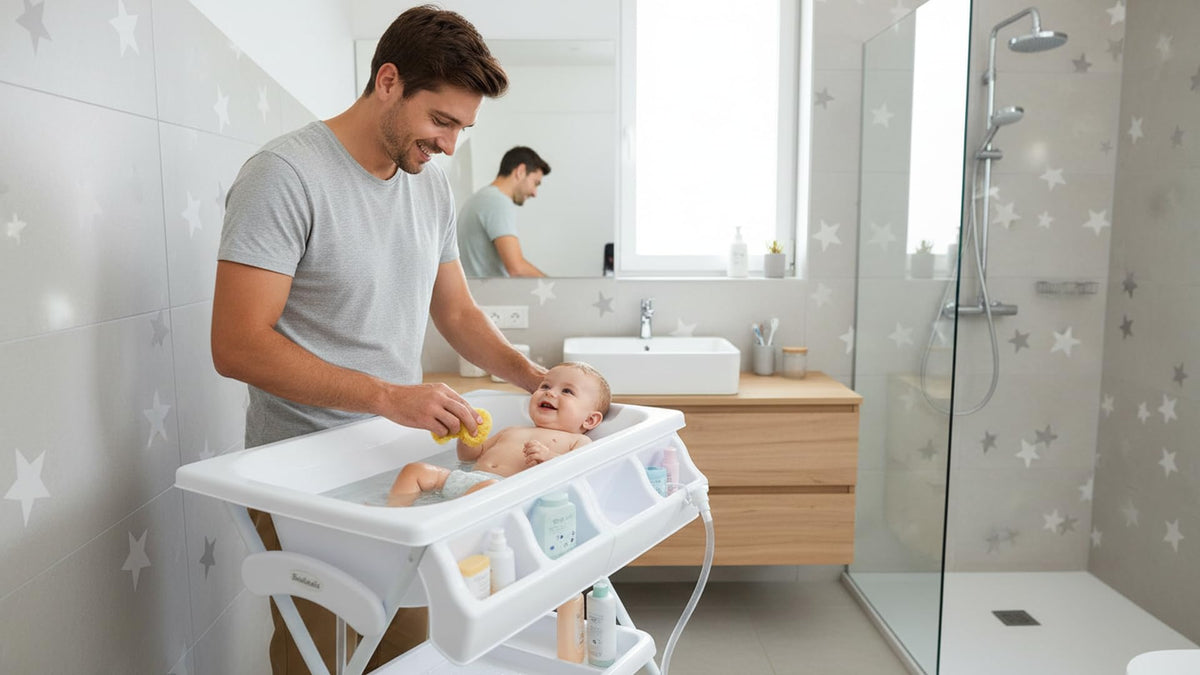 BAMBINETO Bañera alta para bebé BATH con Colchón Cambiador y Base de tijera. ESTRELLAS GRIS