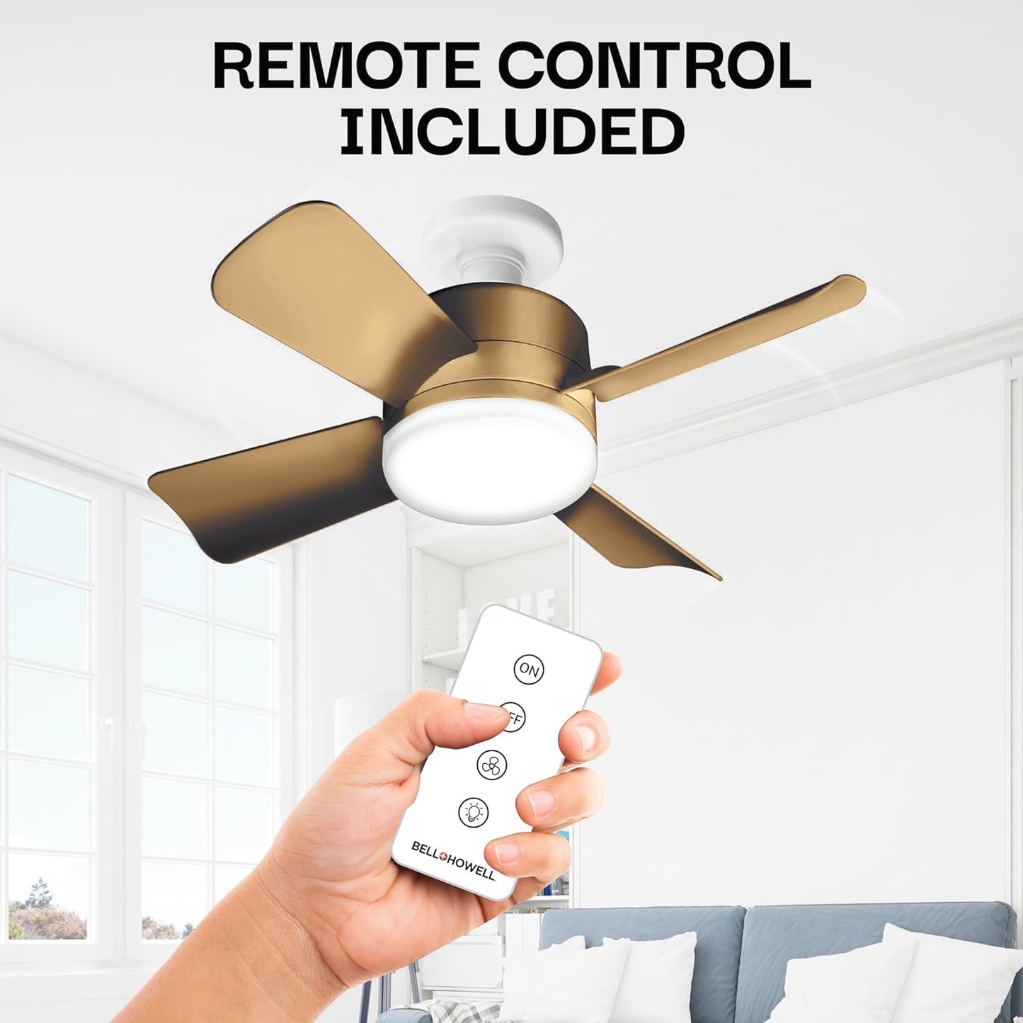 Bell + Howell - Ventilador de techo con socket, con luces led y control remoto, repuesto de foco, para dormitorio, cocina, sala, 1000 lúmenes, 5000 Kelvins, bronce