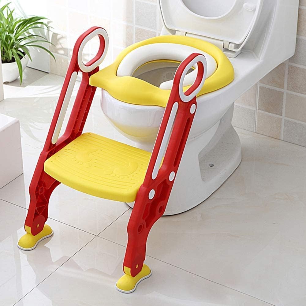 Baño Entrenador Niño, Asiento Entrenador para Baño con Tapizado y Escalera Antideslizante, Plegable Escalera para Baño Niños, Fácil de Guardar, Asiento Ergonómico, Edad de 3 a 10 Años, Rojo Amarillo