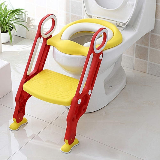 Baño Entrenador Niño, Asiento Entrenador para Baño con Tapizado y Escalera Antideslizante, Plegable Escalera para Baño Niños, Fácil de Guardar, Asiento Ergonómico, Edad de 3 a 10 Años, Rojo Amarillo