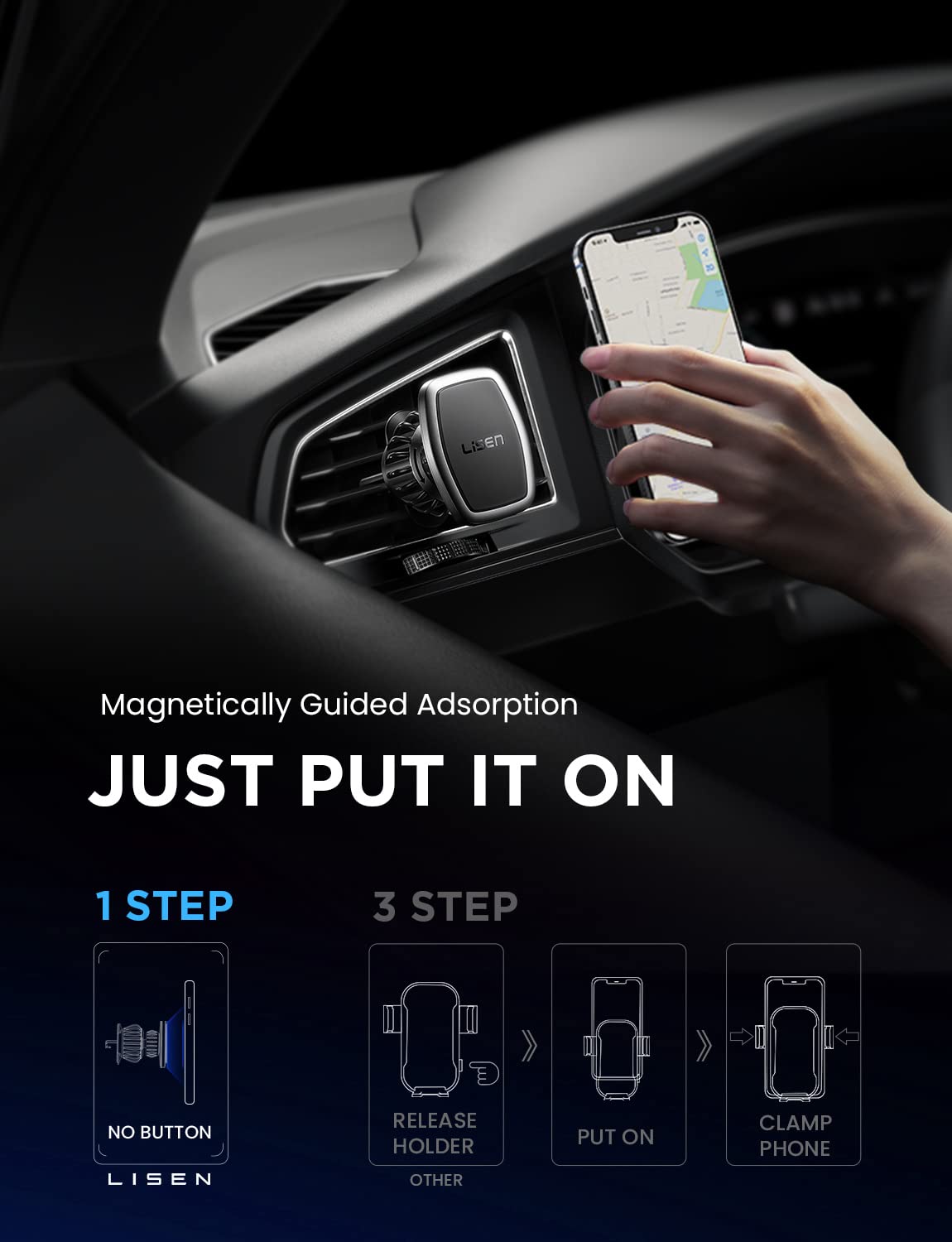 LISEN Soporte para Celular Automóvil Magnético [2 Juegos], Porta Celular para Auto, 6 Imanes Potentes, Compatible con iPhone 16/15 Pro MAX, Galaxy S24 S23 Ultra, Redmi