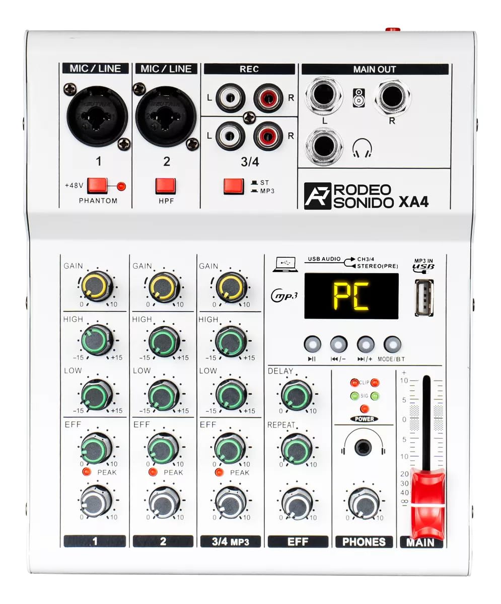 Mezcladora de Audio Profesional RodeoSonido XA4 Negra 4 Canales con Bluetooth y USB para DJ y Estudio