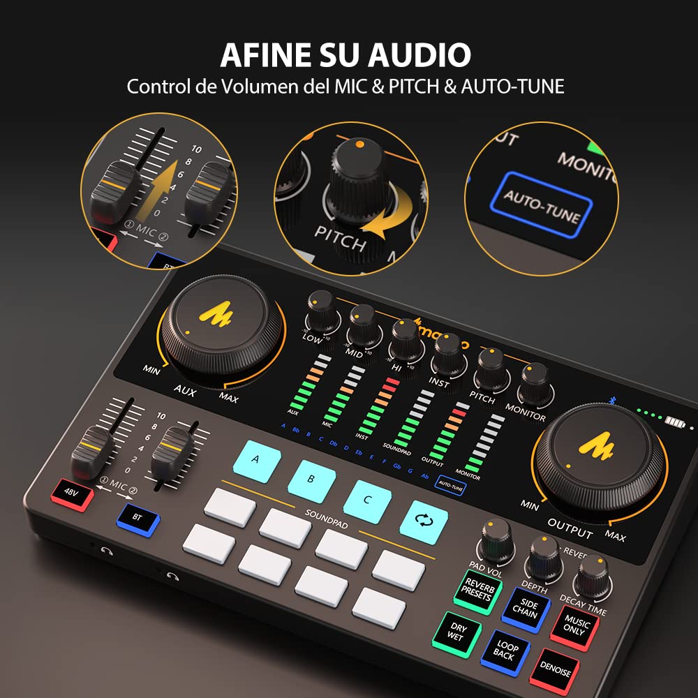 MAONO Mezcladora Interfaz de Audio con Micrófono Condensador XLR, Caster Podcast Studio Kit Todo en Uno para Grabación, Streaming, voz en off, Youtube, DJ, PC, Guitarra (AME2A)
