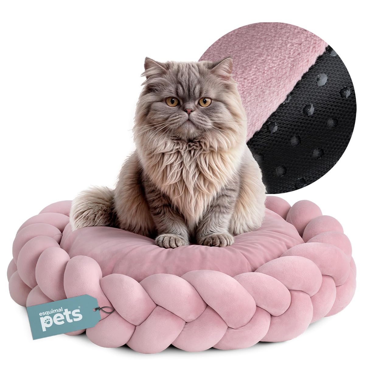 Cama Redonda para Perro y Gato Esquimal Rosa Cojín Antiestrés Trenzado Lavable