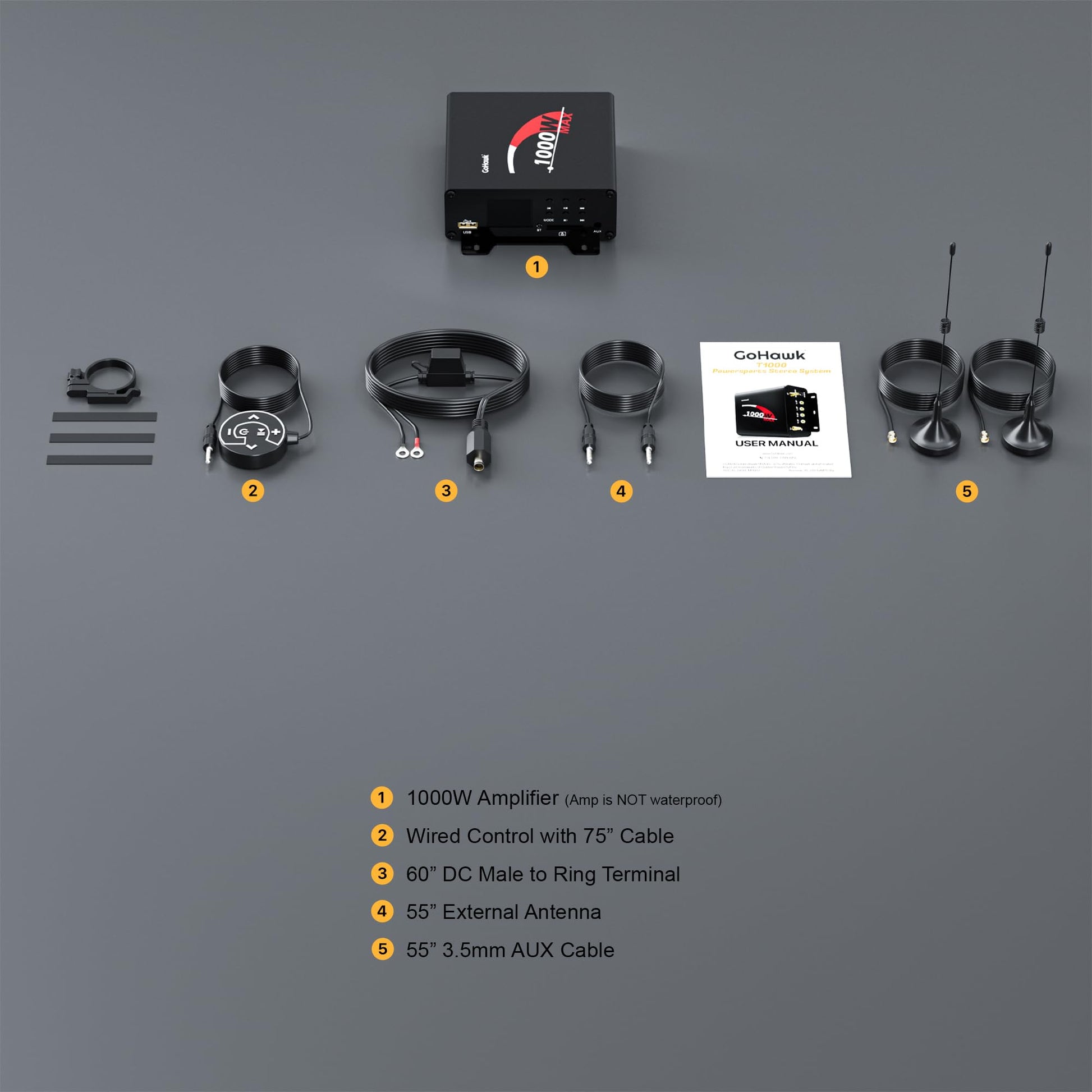 GoHawk Amplificador estéreo Bluetooth de 4 canales con radio AUX USB SD para TJ4-Q TN4-Q TS5-Q Harley Touring motocicleta ATV UTV RZR Polaris Can-Am Wildcat