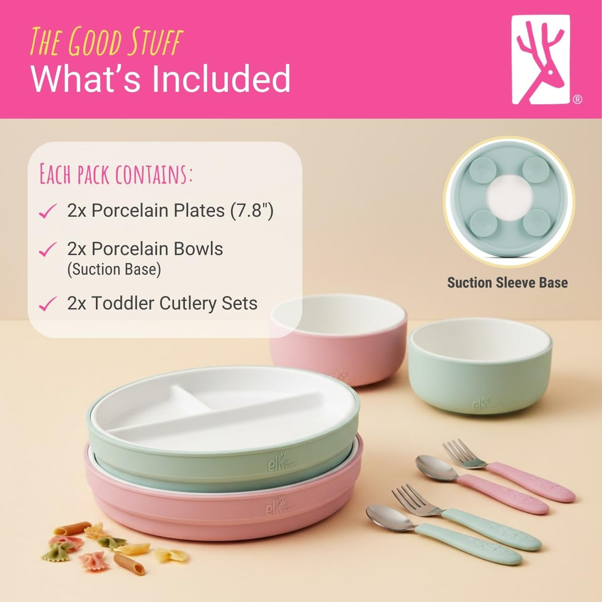 Elk and Friends - Set de vajilla de porcelana para niños con mangas de succión | Platos, tazones + cubiertos para niños pequeños | Mangas de silicona | para comidas + aperitivos | Apto para microondas