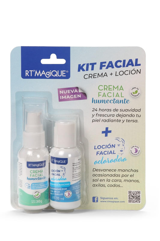RT MAGIQUE | Kit Cuidado Facial | Crema hidratante facial + Loción Aclarante | Skincare Hidratante 24h y Tratamiento quita manchas para piel | Aclarador de piel con Ácido Láctico y Glicólico | Despigmentante corporal y Más | Uso Diurno y Nocturno