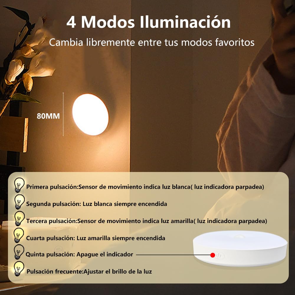 KIWOP 2 Colores Luz Led con Sensor de Movimiento, 6 PCS Led Luz Nocturna Recargable Usb, Luz Blanca 6000k & Luz Cálida 3000k, Diseño Magnético, 4 Modos Iluminación, 10 Horas Iluminación Continua.